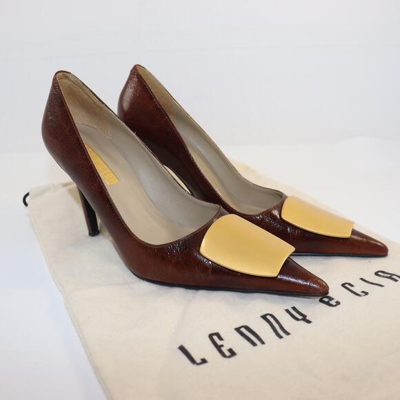Lenny e Cia Brown Leather Gold Accent Heels Size 6.5 - Picture 1 of 6